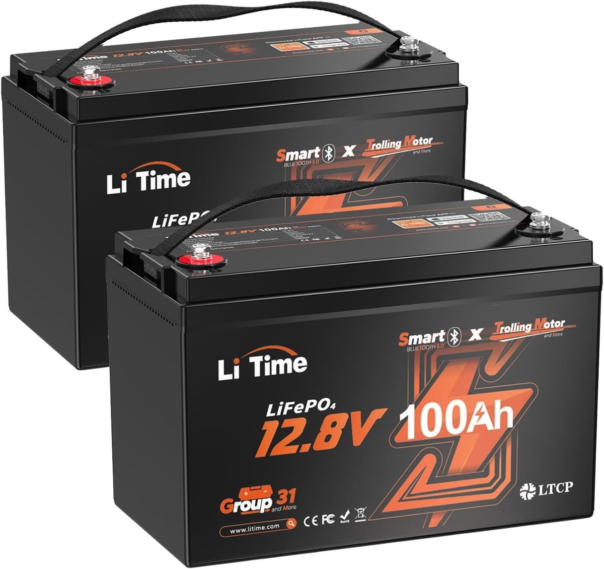 LiTime 12V 100Ah TM Bluetooth Lithium LiFePO4 Battery Low Temp Protection 1280W for Trolling Motor